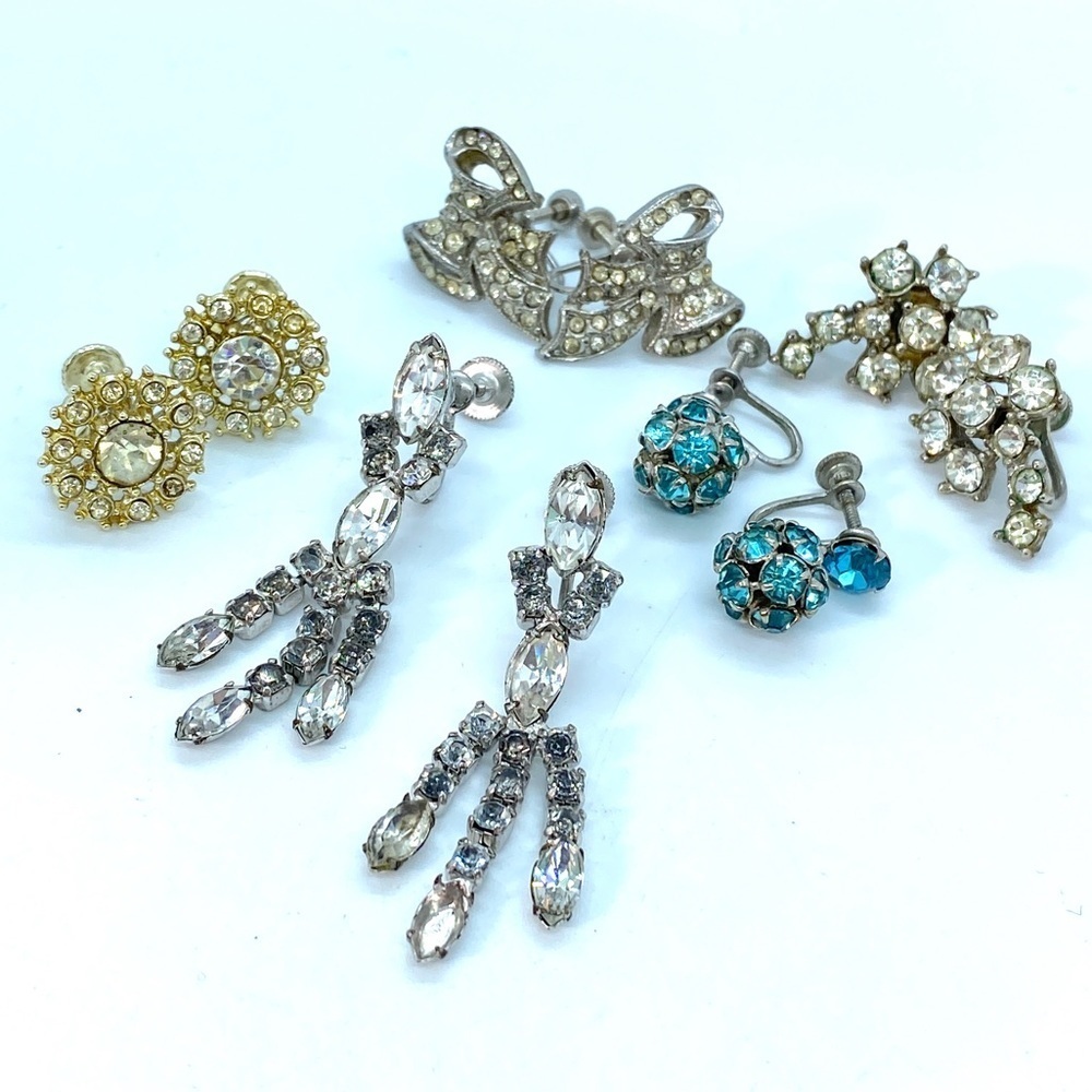 Vintage Rhinestone Screw-On Earrings  Bundle of Five Pairs